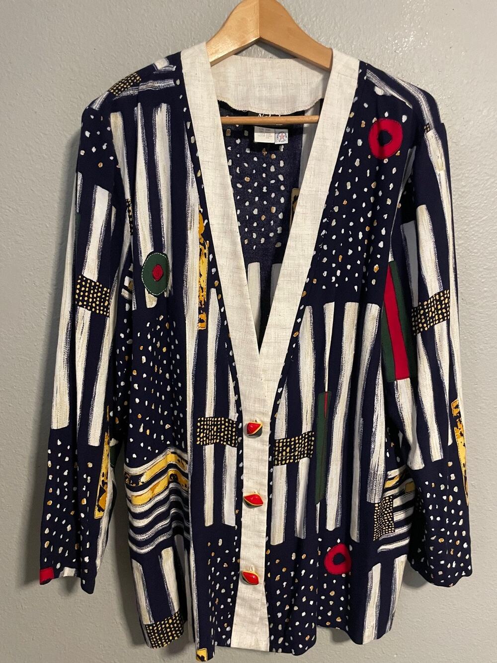 Vintage Womens Jacket Size 16 Blue Abstract Stripe Button Front Artsy Wacky 90s